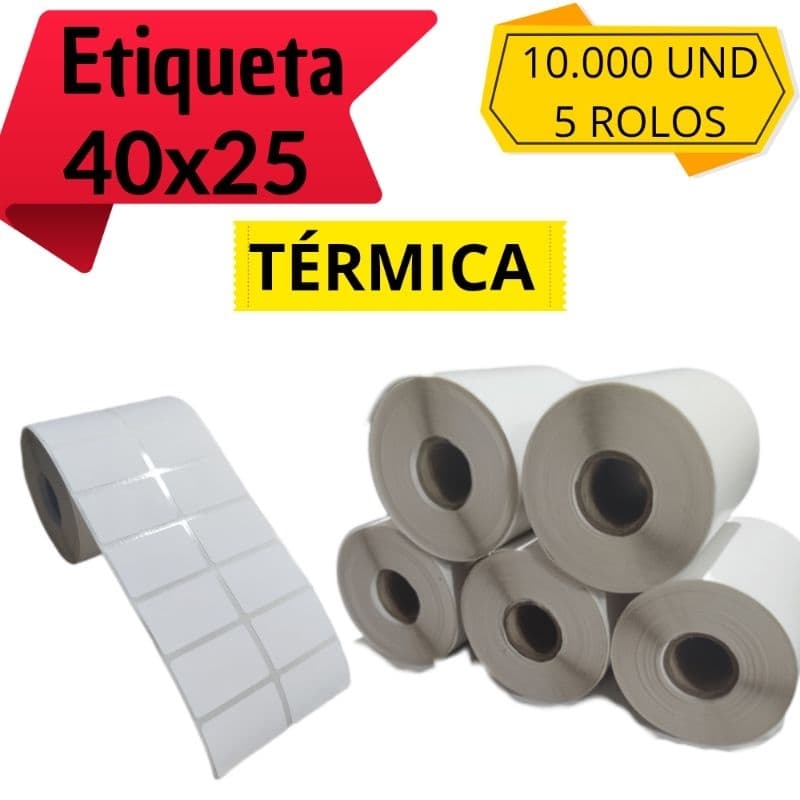 KIT 5 ROLOS DE Etiqueta térmica 40x25mm-ideal para código de barras, preços e mais
