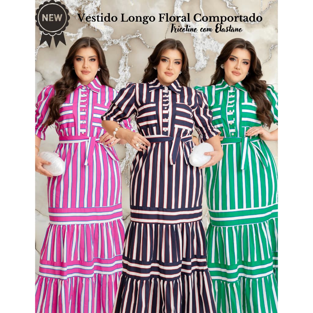 Vestido Longo Listrado Com Faixa Comportado Moda Evangélica