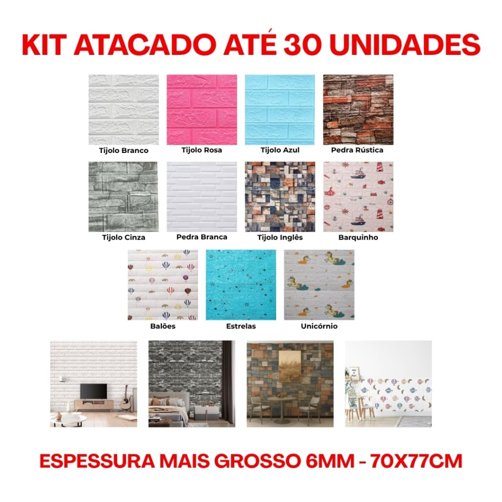Kit Até 30 Placas 3D Autocolante Tijolinho Decoração 77X70 Grossa 6mm