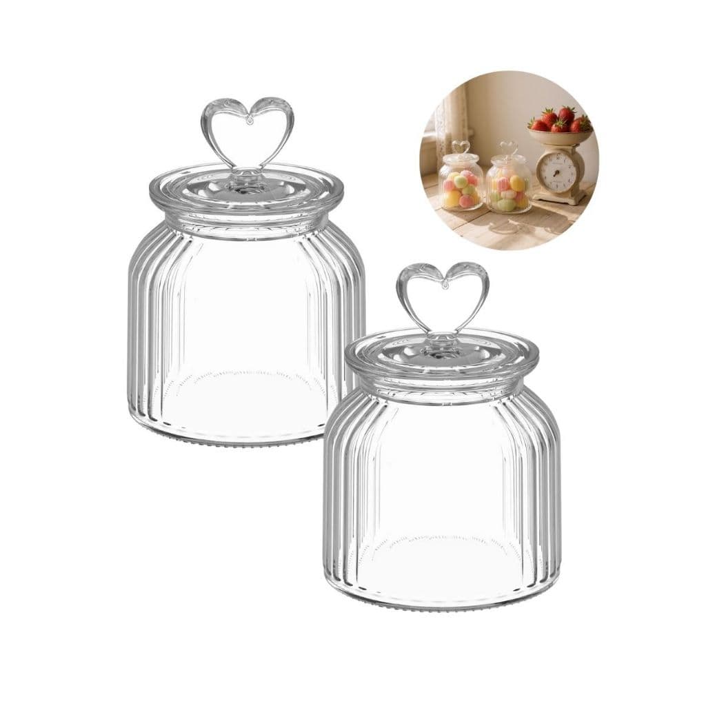 Kit 2 Potes de Vidro Hermético 650ml com Tampa Coração – Organização Charmosa para Sua Cozinha