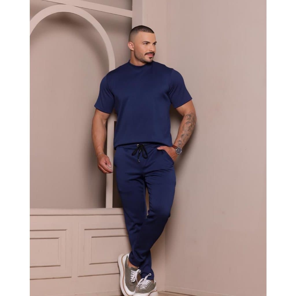 Conjunto Calça Mais Camiseta Ribana Canelada Masculina Moda Homem Manga Curta