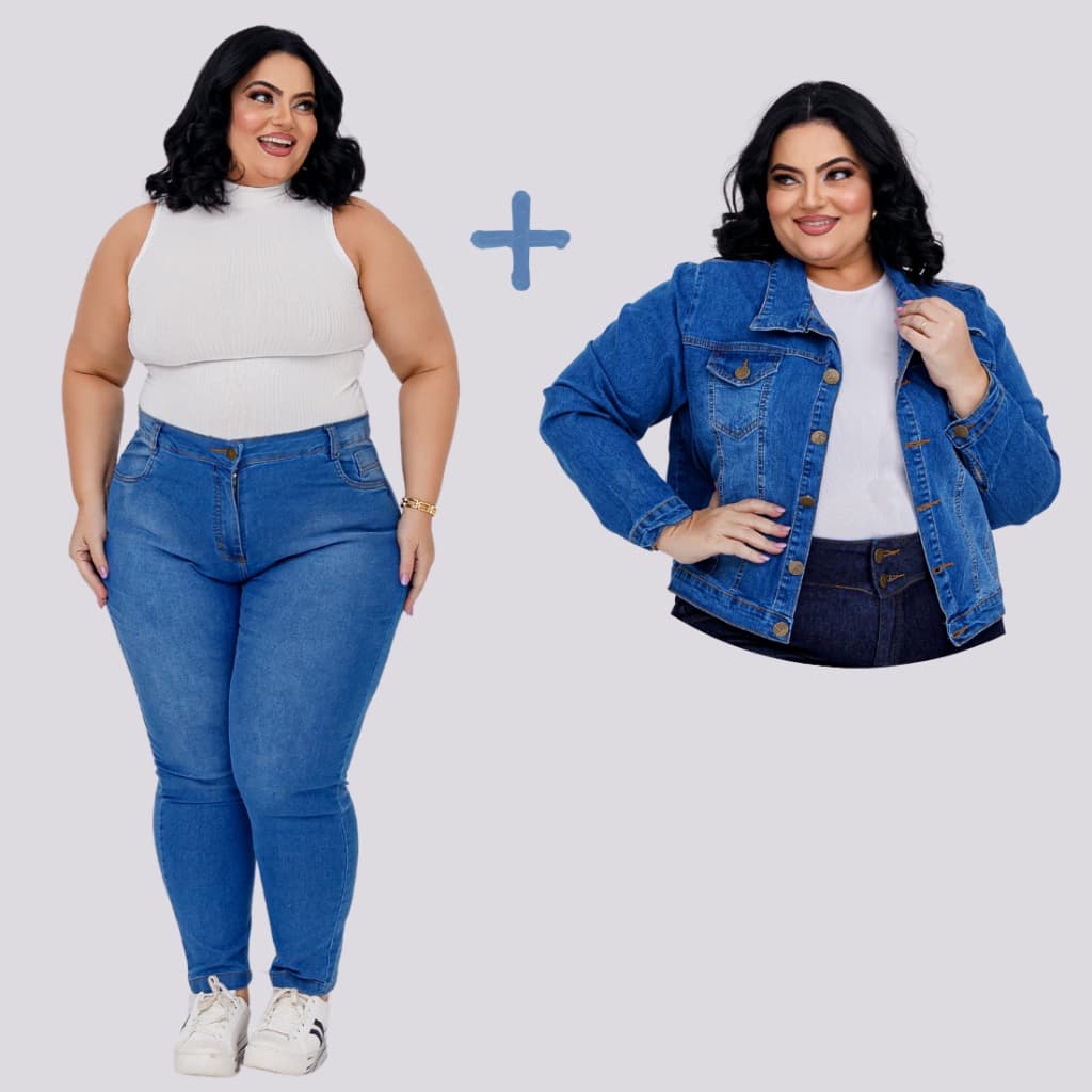 Kit 1 Jaqueta Jeans + 1 Calça Plus Size Feminino Cintura Alta e Bolsos