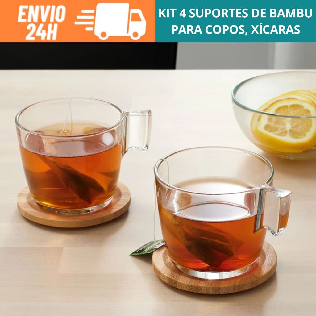 Kit 4 Porta Copos Redondo em Bambu, Bolacha para Copos com Organizador de Ferro