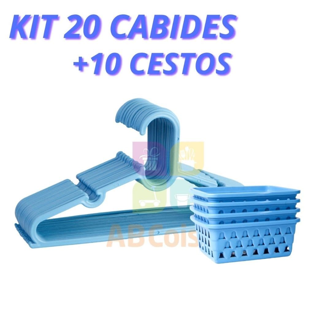 Kit 10 Cestos Organizador Multiuso Azul Pequeno + 20 Cabides Infantil Bebê Azul