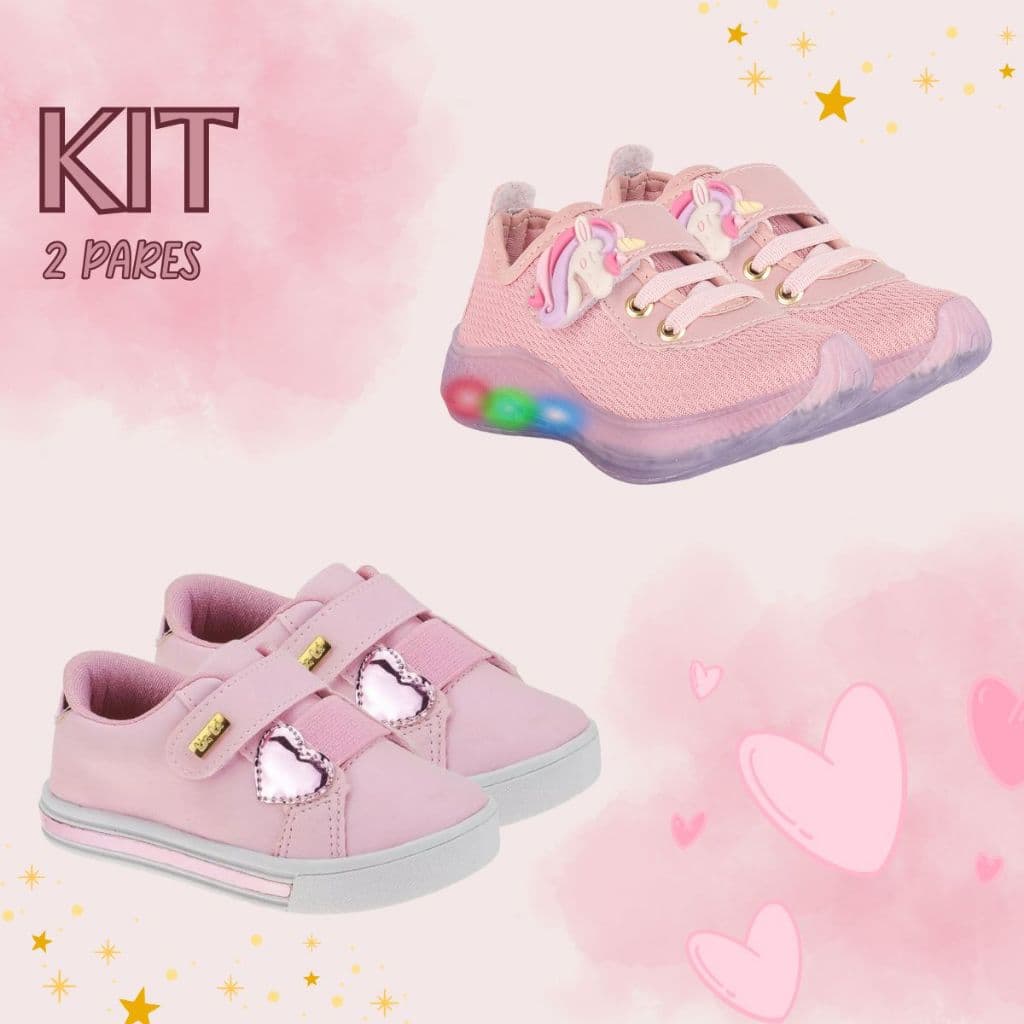 Kit 2 Tênis Infantil Menina Led + Coração Metalizado Blogueirinha Escolar Conforto Casual Versátil