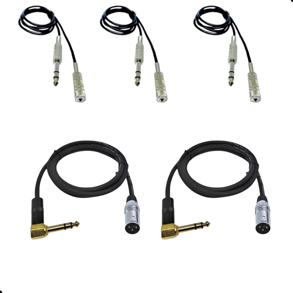 Kit 5 ( 2 Cabos P10 Estéreo 90º x XLR Macho 1 Metro + 3 Cabos Extensores P2 Fêmea x P10 Macho Estéreo 5 Metros)