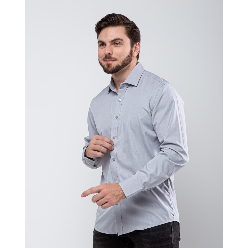 Camisa Social Masculina Listra Elástico Não Amassa Moda