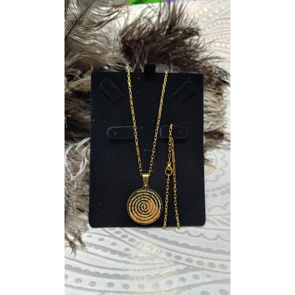 Colar Masculino Pai Nosso Dourado | Corrente 60cm + Pingente Medalha Oração Aço Inox