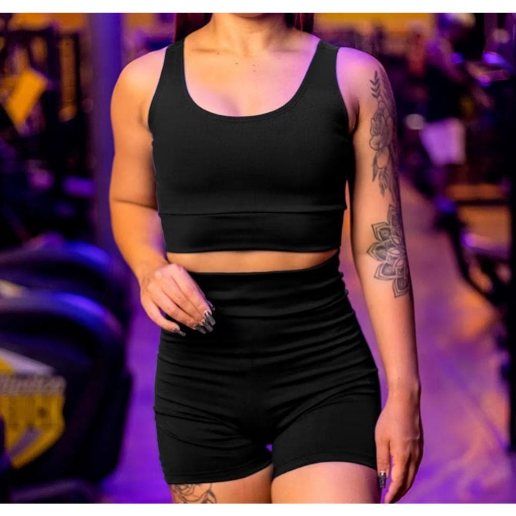 CONJUNTO ACADEMIA FEMININO TOP E SHORT CINTURA ALTA EM SUPLEX