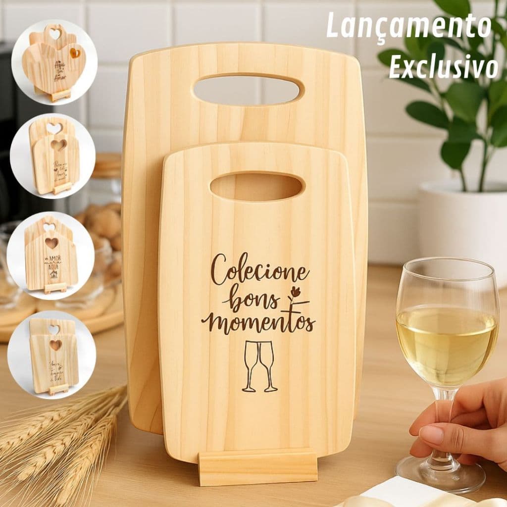Kit Tábuas de Frios Decorativas em Madeira para Servir Mesa Posta e Bons Momentos Presente Casamento