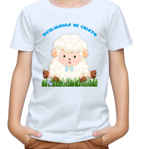 Camiseta Ovelhinhas de Cristo Jesus Ovelha Azul Camisa Personalizada Blusa Infantil e Juvenil