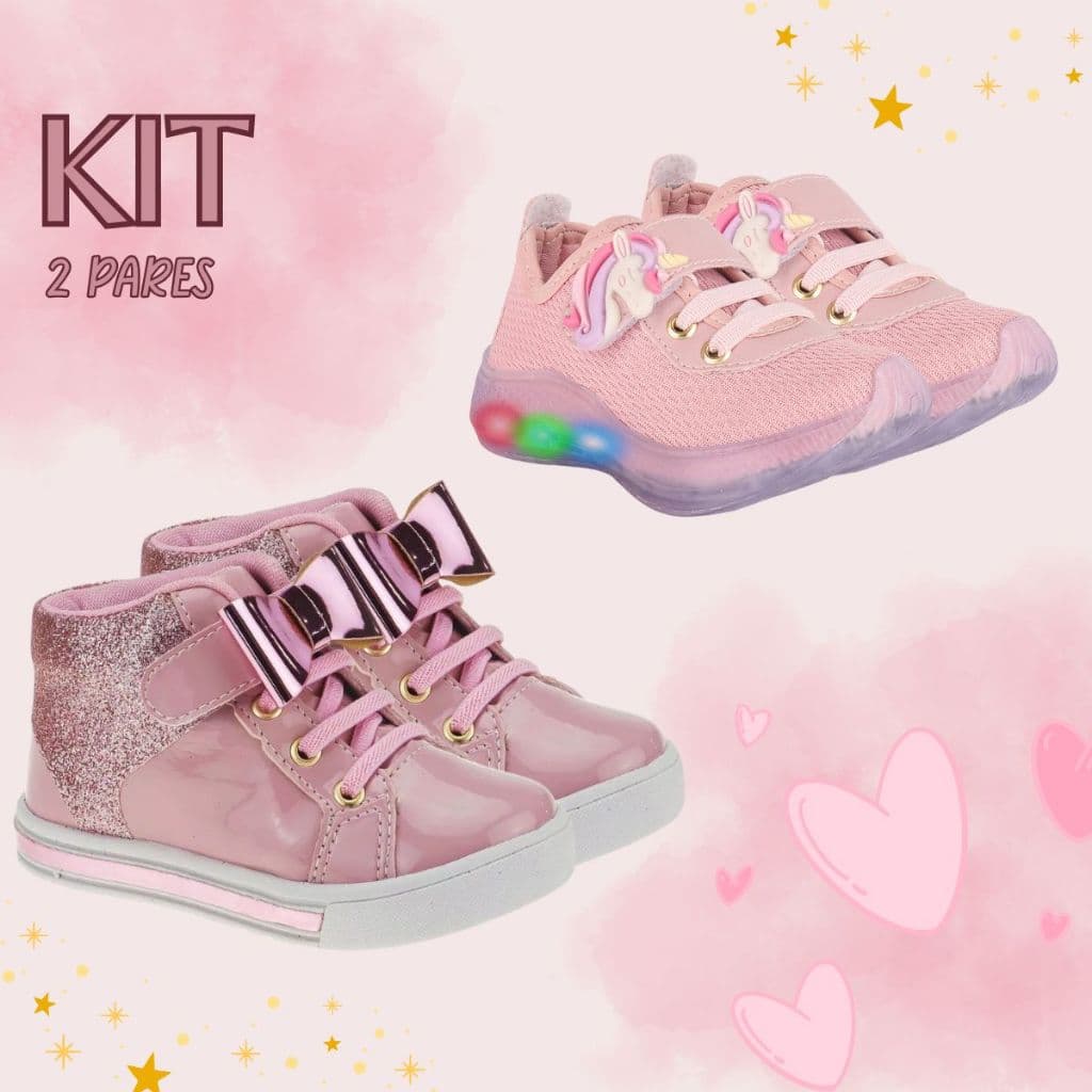 Tênis Infantil Kit 2 Pares Menina: Glitter Cano Médio + Led Unicórnio Luz Led Colorida Escolar