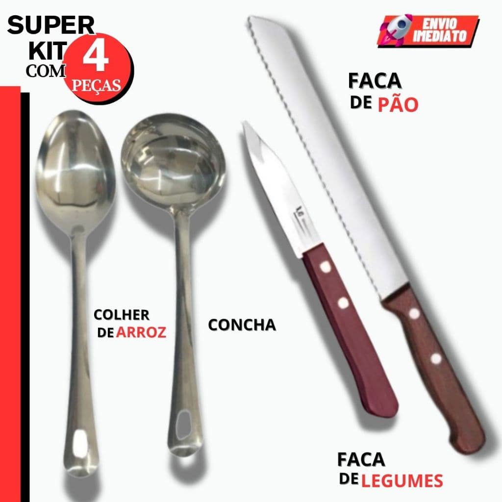 Kit Colher Arroz Concha Faca Pão Faca Legumes 4 Peças INOX para Cozinha Casa Restaurante Bares