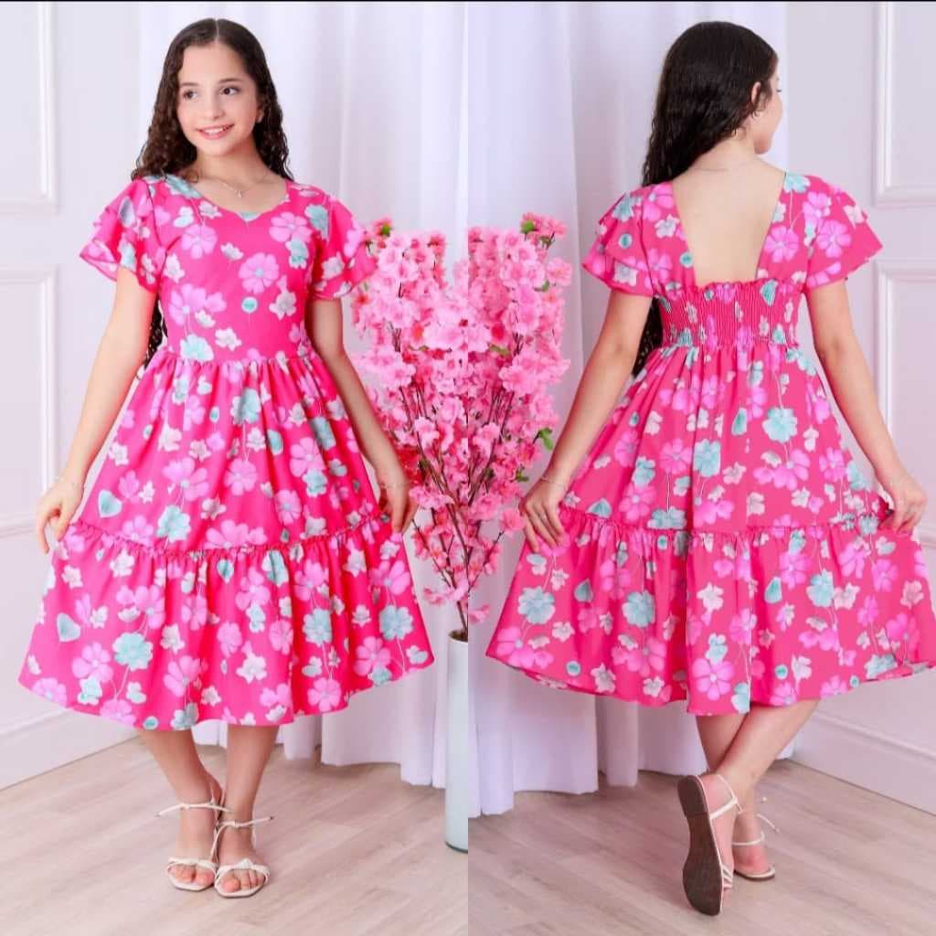 Vestido Infantil Juvenil com Manga Babado e Costa com lastex - Elegante e Confortável (4 ao 14 anos) Floral