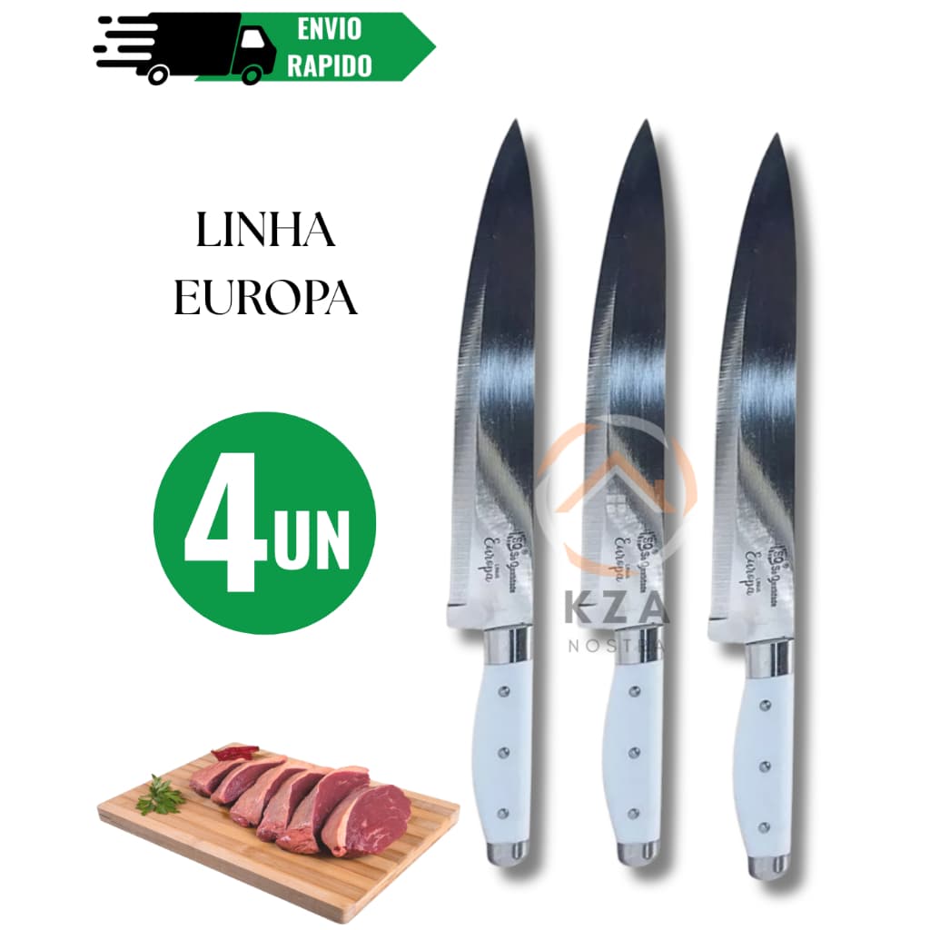 Conjunto 4 Facas de Cozinha Inox Linha Chef Premium Para Legumes Frutas Carnes Com Cabo Ergonômico