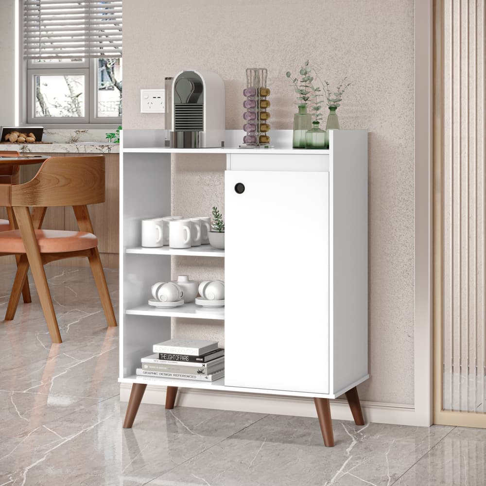 Buffet Miguel Compacto 1 Porta 3 Prateleiras Pés Palito - Aparador Multiuso Sala Cozinha Café Branco