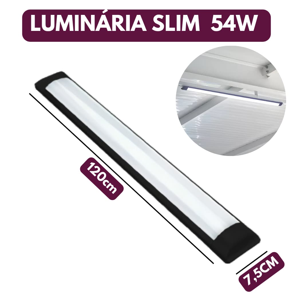 Luminaria Tubular Led Slim 54w Preto 120cm 6500k Branco Frio Bivolt 110v/220v