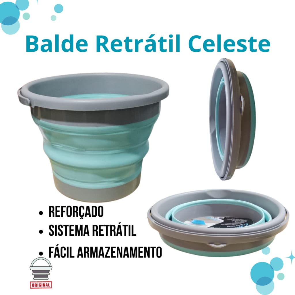 Prático Balde com Alça 10 Litros Resistente Multiuso Retrátil Compacto Versátil Celeste