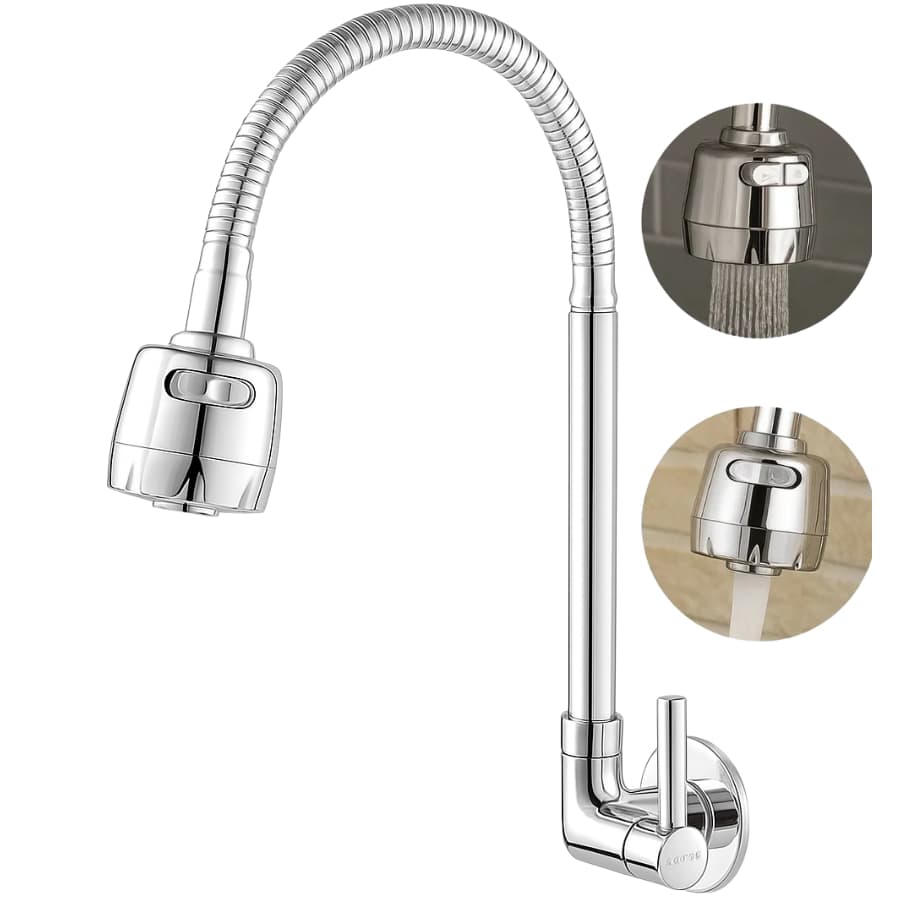 Torneira Gourmet Para Cozinha De Parede Giratória Flexível 2 Jatos Com Chuveirinho 1/4 De Volta