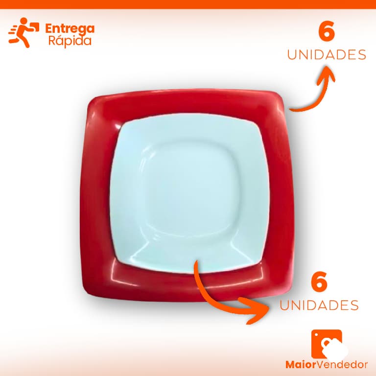 Kit 12 Pratos 06 Refeição Quadrado Vermelho 06 Sobremesa Quadrado Branco