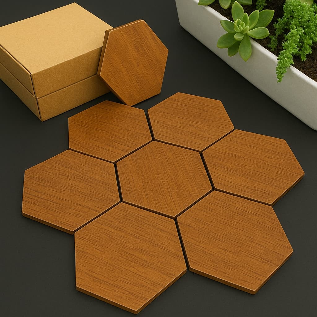 Kit 10 Placas Decorativa em Madeira Hexagonais Freijó Autocolante Premium
