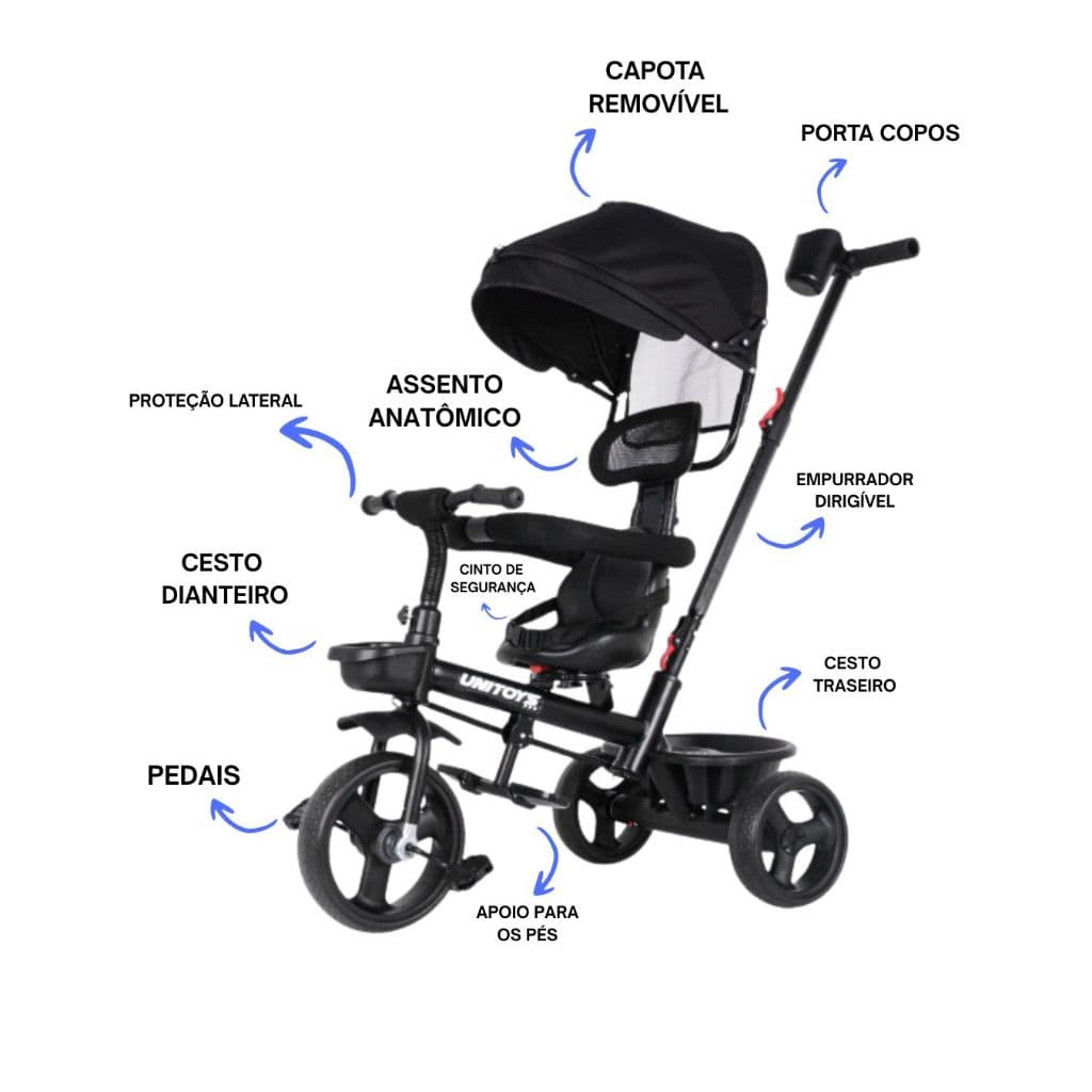 Triciclo Infantil com Empurrador e Pedal Conforto e Segurança para Crianças de 1 a 3 Anos Cor Preta