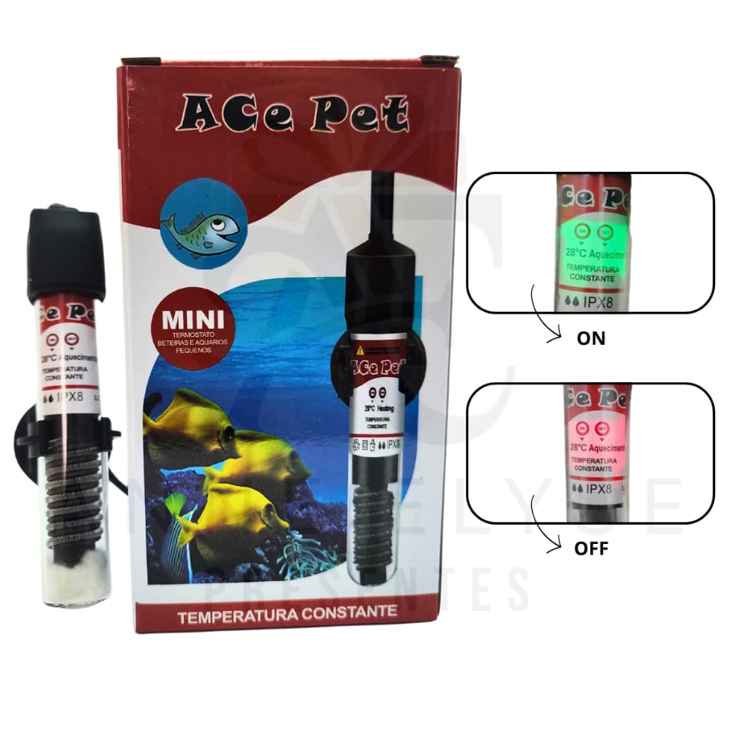 Mini Termostato com Aquecedor Ace Pet Para Beteiras e Aquários Pequenos Temperatura Constante