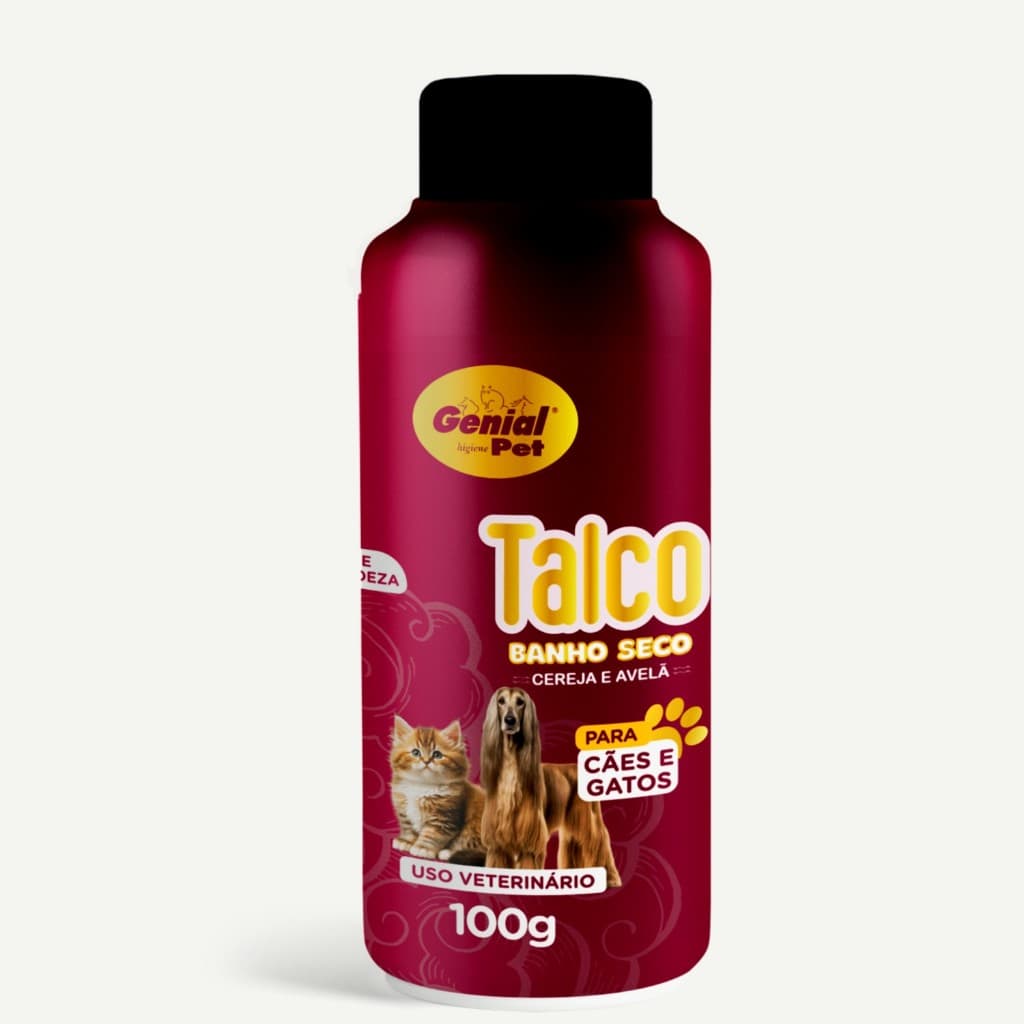 Talco Banho Seco Genial Pet Para Cachorro e Gatos Perfume Cereja e Avelã