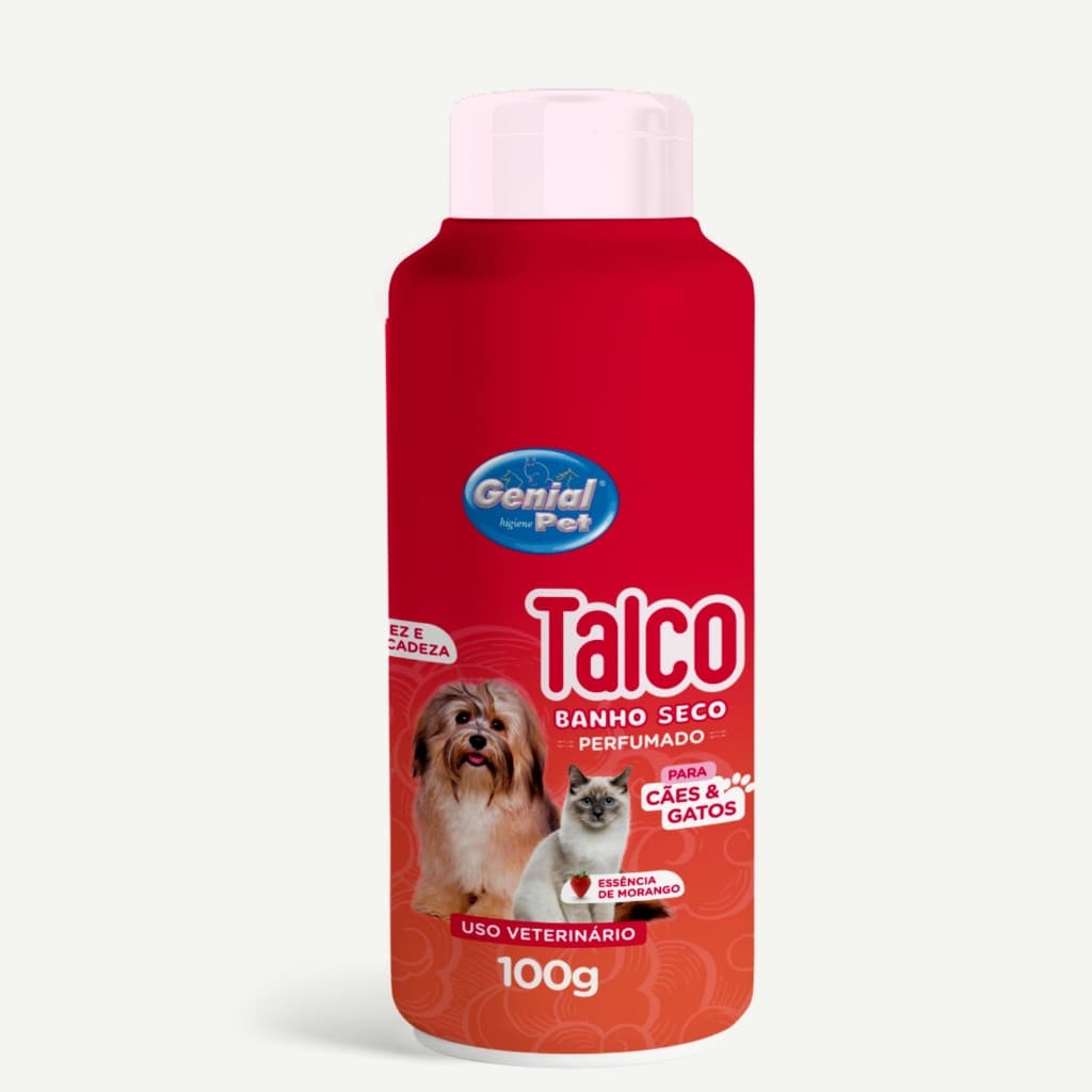 Talco Pó Pet perfumado Protetor de Odor Genial Cachorro e Gatos Femeas100g