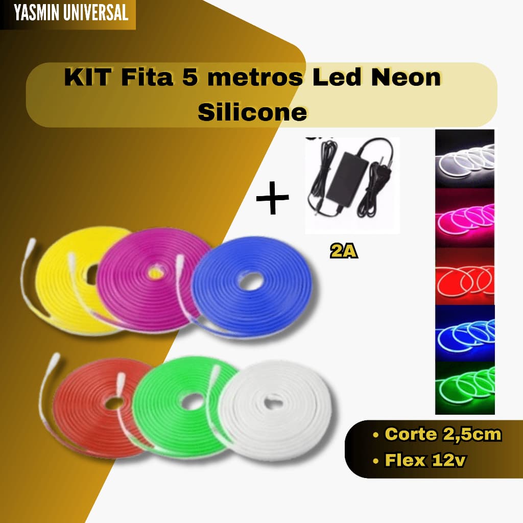 KIT Fita 5 metros Led Neon Silicone Corte 2,5cm Flex 12v Alto Brilho Varias Cores + fonte 2A