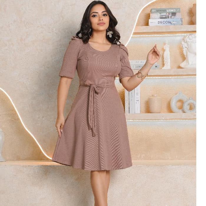 Vestido Rodado Com Amarração Na Cintura Moda Evangélica ,Manga Bufante….