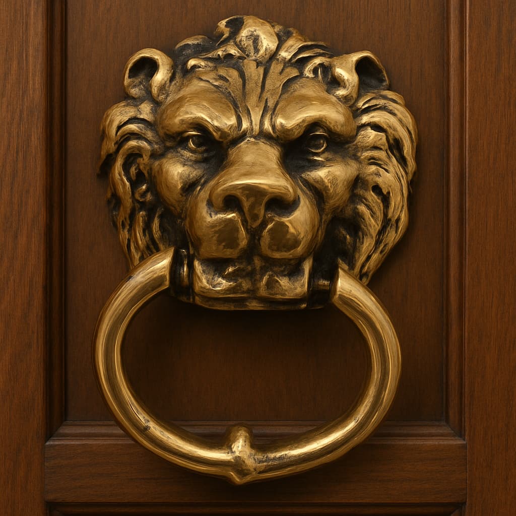 Aldrava De Leão Em Bronze Grande Batedor De Porta Rústico