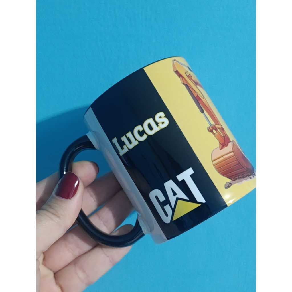 Caneca xícara Copo de Porcelana Cerâmica Personalizada Escavadeira com nome Maquina Escavadeira