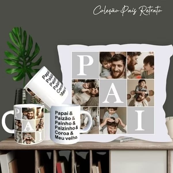 Kit Presente Dia dos Pais Personalizado Almofada + Caneca com Fotos | Coleção Pai Retrato