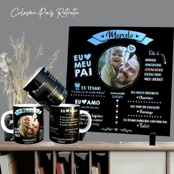 Kit Quadro Azulejo e Caneca Personalizados Dia dos Pais  | Presente Criativo com Foto e Frases | Coleção Pai Retrato
