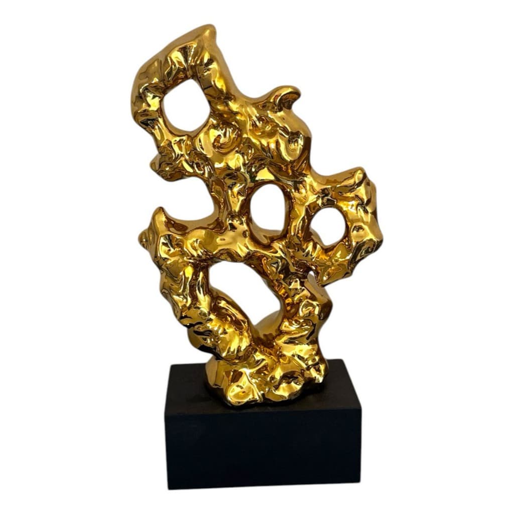Estátua Abstrata De Cerâmica Dourada 26cm X 12cm