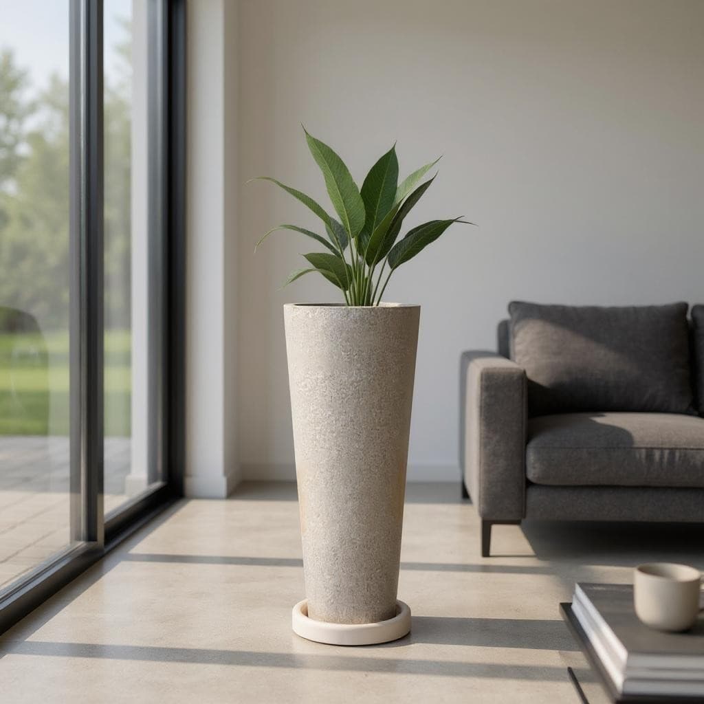 Vaso polietileno para plantas decorativo luxo coluna efeito marmorizado liso e polido 68cm com prato