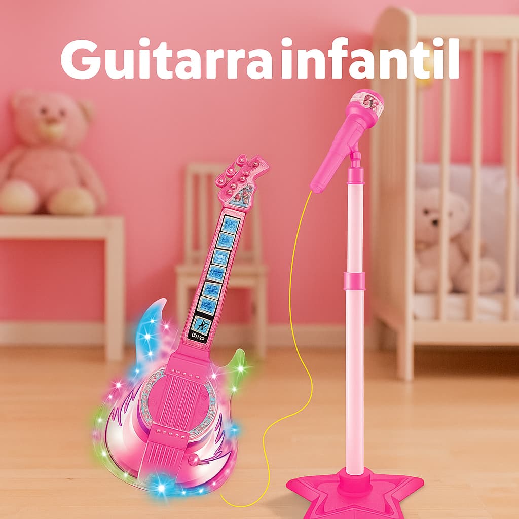 Guitarra Infantil Educativa com Microfone e Pedestal Conecta Celular Musical com Luz e Som Rosa
