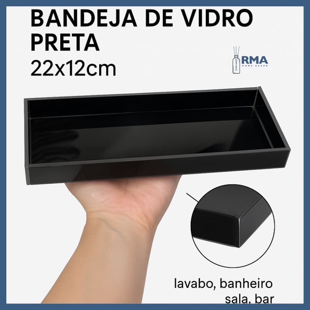 Bandeja de Vidro Preta 22x12cm – Lavabo, Banheiro, Sala, Bar – Luxo e Elegância Decorativa
