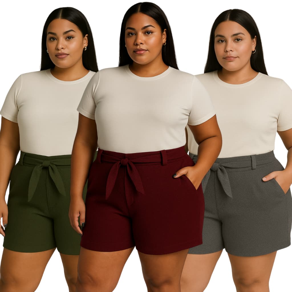 KIT 3 Shorts plus size laço Listrado Liso Feminino Com Cinto