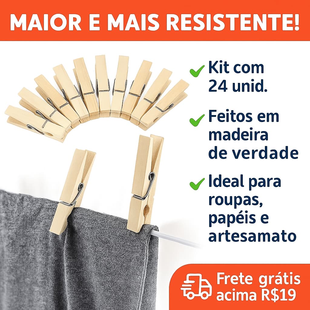 Kit 24 Prendedores de Madeira Gigante Para Roupas, Artesanato ou Organização – Grampos Resistentes