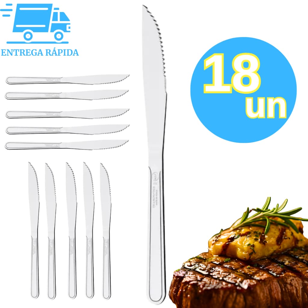 Kit 18 Faca Serra de Mesa Churrasco Aço Inox Talher Utensílio de Cozinha para Restaurantes buffet