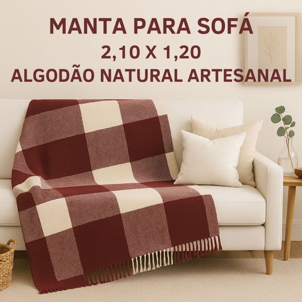 Manta Sofá 2,10x1,20 Algodão Artesanal – Ideal para Decoração de Sala, Cama ou Poltrona