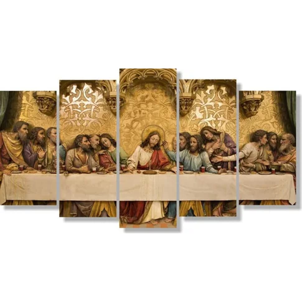 Quadro Decorativo Mosaico 5 Peças Santa Ceia Jesus Cristo Religião Biblia Para Sala e Quarto
