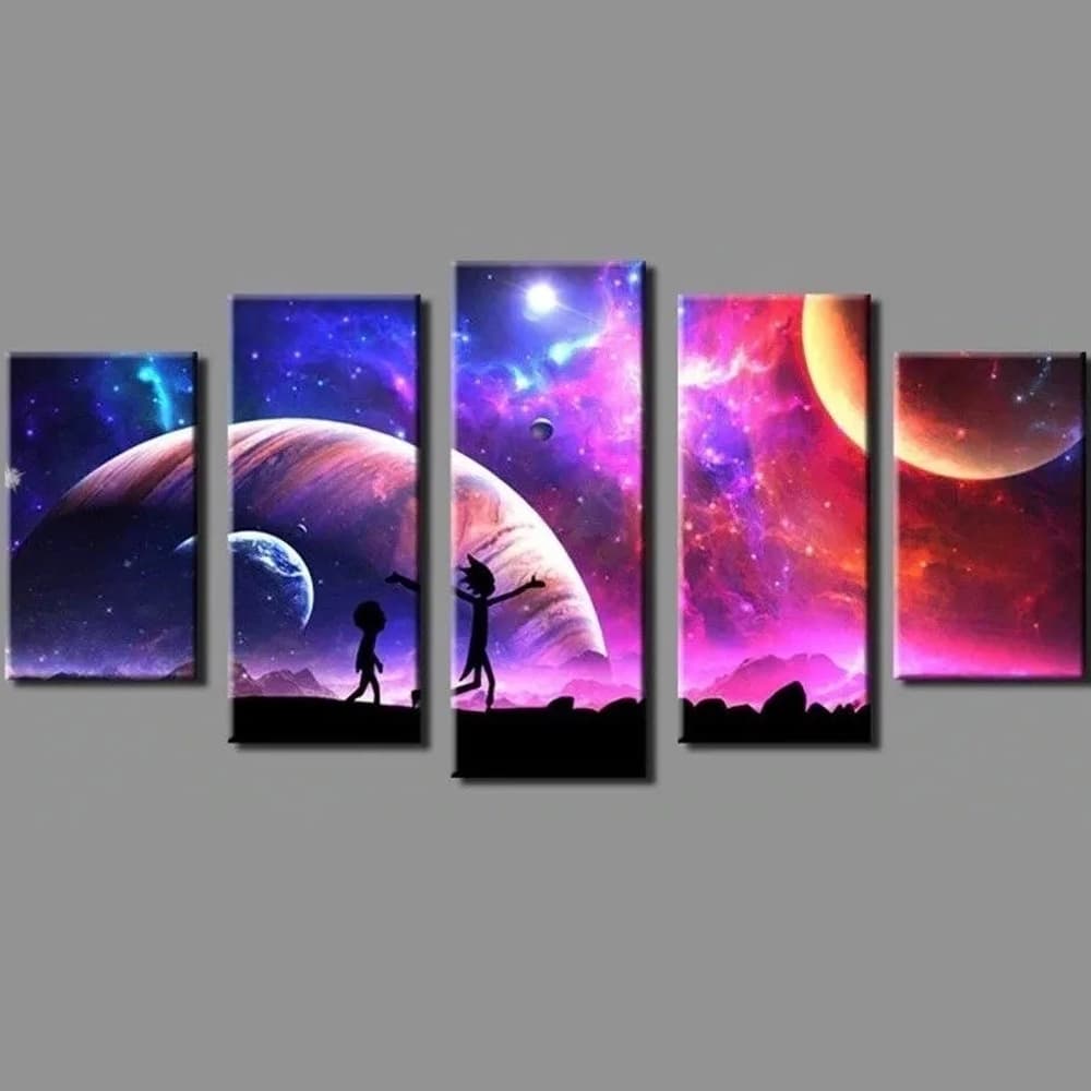 Quadro Decorativo Mosaico 5 Peças Rick And Morty Planetas Galaxias Desenho Anime Sala Quarto