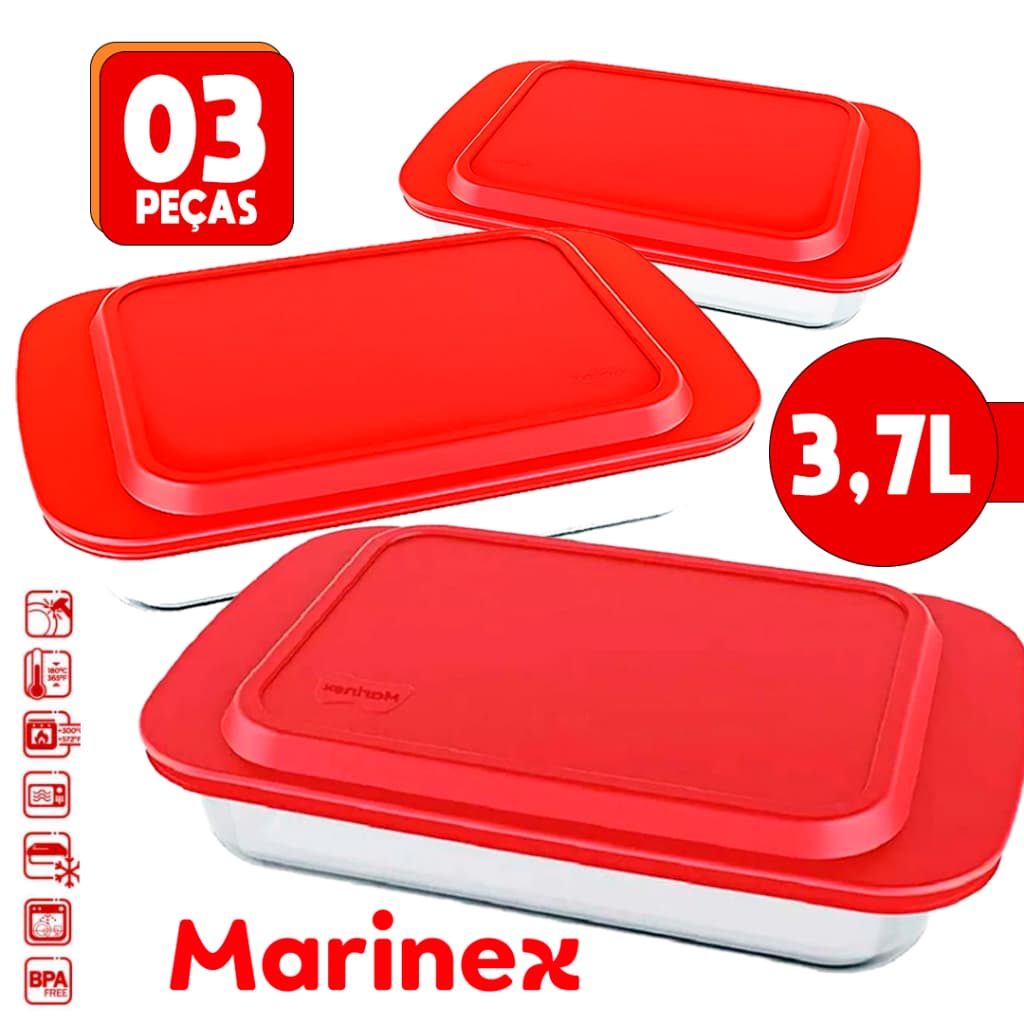 Conjunto 3 Marinex Jogo de Assadeiras c/Tampa Retangular 3,7Litros Própria p/ Forno Lasanheira Funda