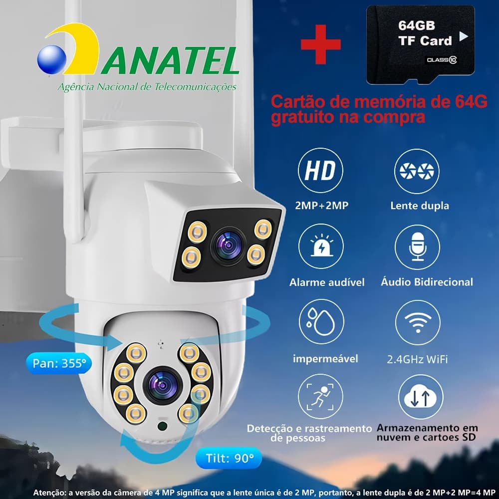 4MP Dual Lens Wi-Fi Security Camera with PTZ 355°, Colour Night Vision, AI Human Detection,entrega de correios