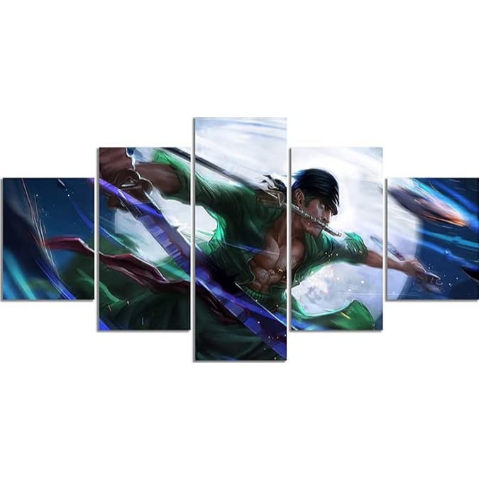 Quadro Decorativo Mosaico 5 peças One Piece Roronoa Zoro Wano Espadas Anime Sala Quarto