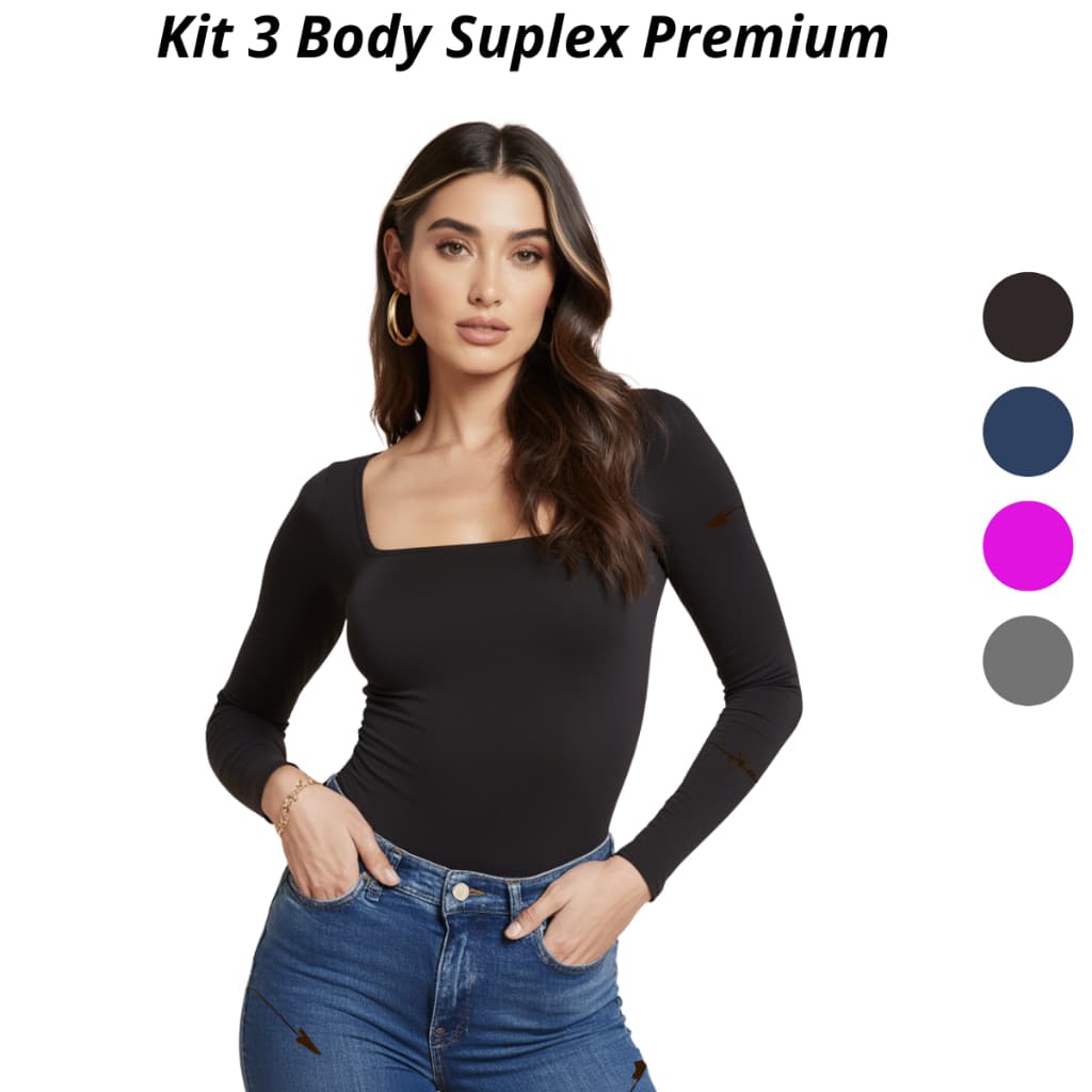 Kit 3 Body Feminino Manga Longa Inverno Forrado Suplex Casual Premium
