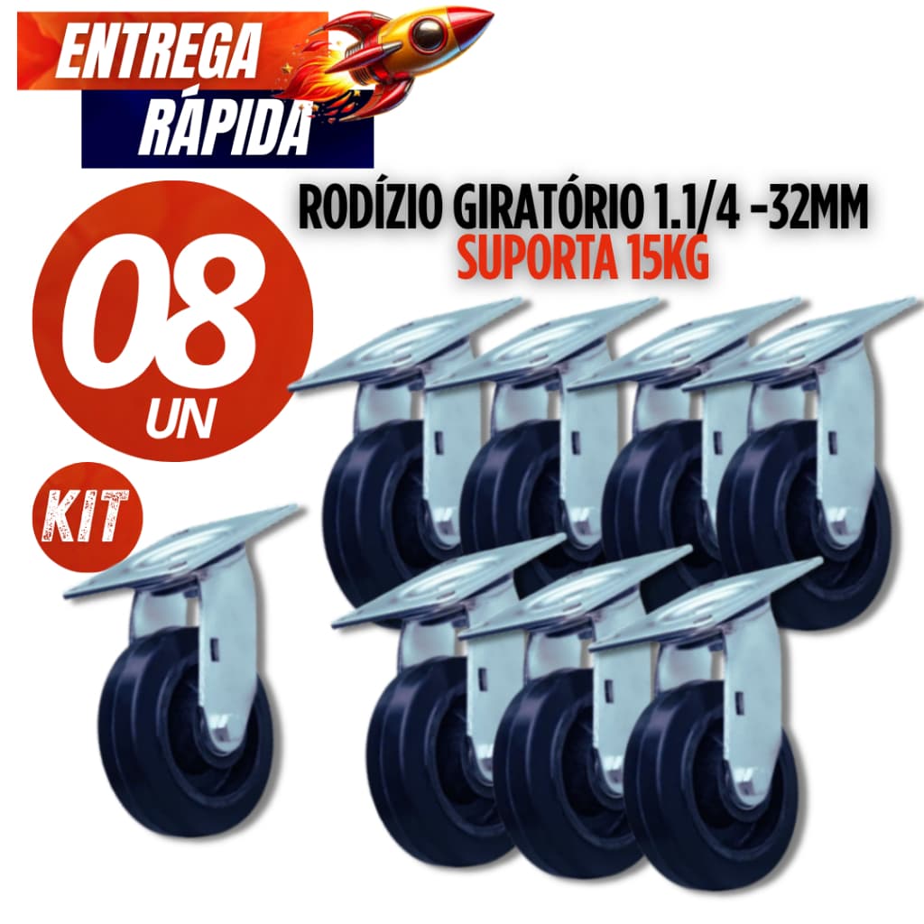 Kit 8/4  Unidades - Rodízios 1.1/4 Placa Giratórios Mesas, Cadeiras e Móveis Bancada Resistente Silencioso Premium